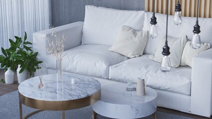 White sofa and marble table. 3d render. Luxurious living room interior in light colors.
