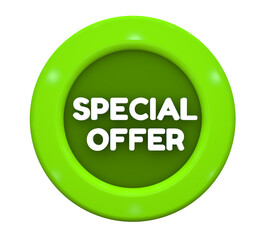 3D Illustration. Button with text: Special Offer. For big sales. White text on a green background.