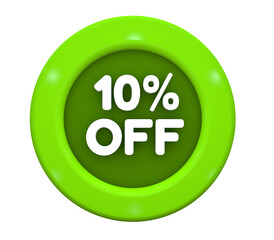 3D Illustration. Button with text: 10% off. Special Offer for big sales. White text on a green background.