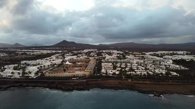 Aerial view of Costa Teguise coastal town in Lanzarote, Canary Island. Popular tourism and holiday destination