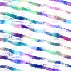 Seamless seventies tie dye stripe bokeh texture. Hippie summer wavy striped repeat background with ink dyed effect.