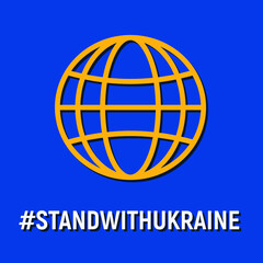 Ukrainian flag colors globe. Square banner for social media for supporting Ukraine. Hashtag Stand with Ukraine. Planet icon. Blue yellow patriotic vector illustration