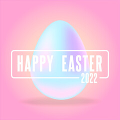 Happy Easter 2022. Minimal vector template for posters, banners, flyers, social media. Holographic Easter egg isolated on pastel pink background. Modern synthwave design concept