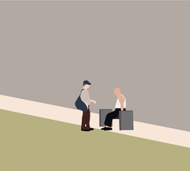 Obraz premium Two senior Caucasian men talking at park in autumn or summer day. People leisure activity concept side view copy space. Vector illustration. Gossip on break.