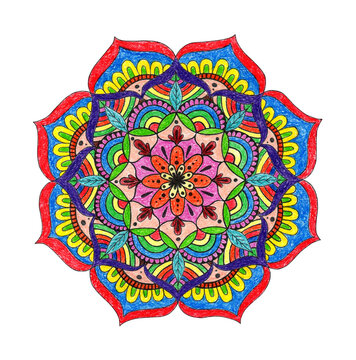 Flower mandala painted with colored pencils isolated on a white background. Ethnic mandala with colorful ornament. Bright colours. Drawn by hand.