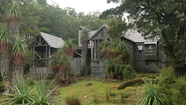 close up of a reconstruction of the historic waldheim chalet at cradle mountain national park in tasmania, australia