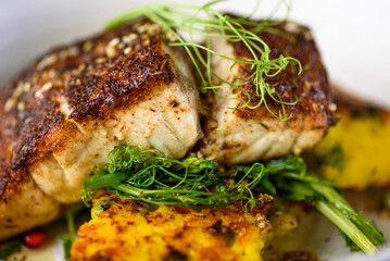 A serve of grilled Barramundi fish with Paella Risotto cake, presented on a round plate