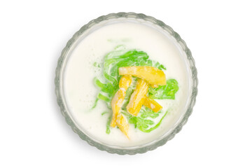 Top View of Sweet Rice Noodles mixed with Pandan, Thai dessert in coconut milk with topping of jackfruit, called Lod Chong Singapore, isolated on white background - obrazy, fototapety, plakaty