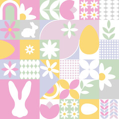 Wesołych Świąt Wielkanocnych - kolorowa pastelowa mozaika z królikiem, jajkami i kwiatami. Powtarzający się wzór na kartki świąteczne. - obrazy, fototapety, plakaty
