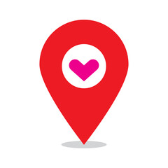 Pin up button with red heart. Travel destination concept. Love concept. Location pin sign. Vector illustration. stock image.
