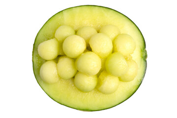 Fresh Organic Ripe Japanese Melon cut in circle shapes serving in a half cut of whole Melon, on white background. Clipping path.