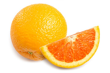 Organic Fresh Raw Grapefruit with green leaf both in whole and cut in piece, isolated on white background with clipping path