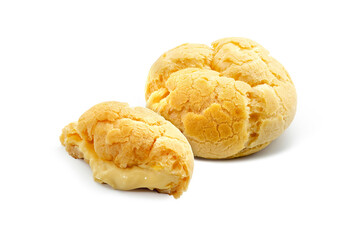 Eclair isolated on white background. Eclair is filled of custard cream.