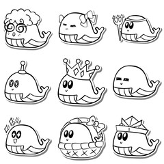 Black Line Nine Whale Cartoon Doodle on white silhouette and gray shadow. Vector illustration about marine life.