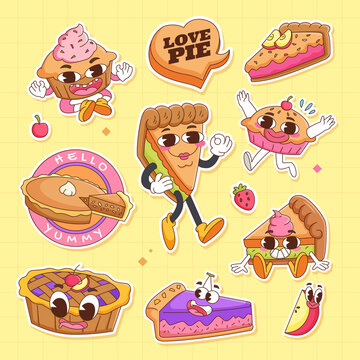 Line Art chunky Hippie Retro hippie stickers, psychedelic groovy set bundle elements. Cute vintage icons Sticker Label in 70s, 80s, 90s style. Flat vector illustration, Pie pancake design templates.
