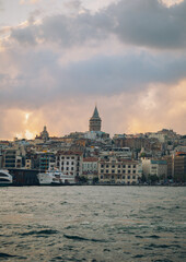 Panoramic photo of Galata Tower at sunset in Istanbul Turkey