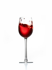 red wine in a transparent glass with reflection isolated over white background