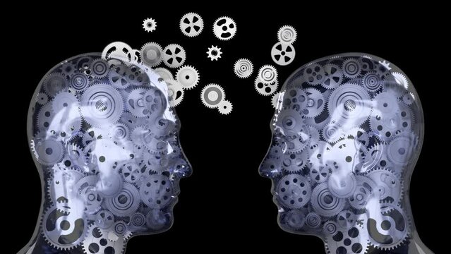 Human head with gears. Business technology concept. 3d animation