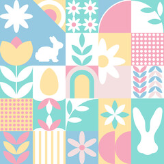 Wesołych Świąt Wielkanocnych - wiosenna pastelowa mozaika z królikiem, jajkami i kwiatami. Powtarzający się wzór na kartki świąteczne.