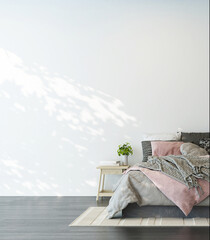 Modern bedroom decoration and and white empty wall texture background interior design.