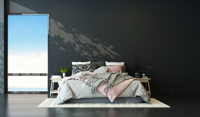 Modern black bedroom and black empty wall texture background interior design.