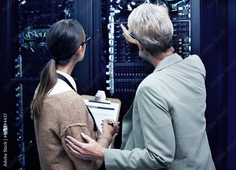 Poster Day one in a new data centre. Rearview shot of two technicians working together in a sever room.