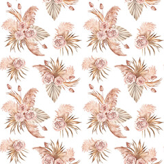 Trendy dried palm leaves, blush pink and rust rose, pampas grass watercolor design pattern.Trendy flower. Beige, gold, brown, rust, taupe. Seamless pattern