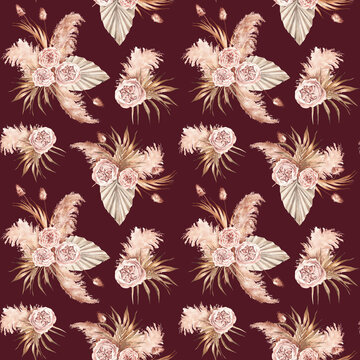 Trendy dried palm leaves, blush pink and rust rose, pampas grass watercolor design pattern.Trendy flower. Beige, gold, brown, rust, taupe. Seamless pattern