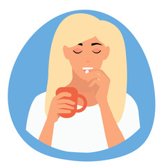 Fototapeta premium Blond woman takes pill and holding a cup of tea, water or coffee, vector illuctrator