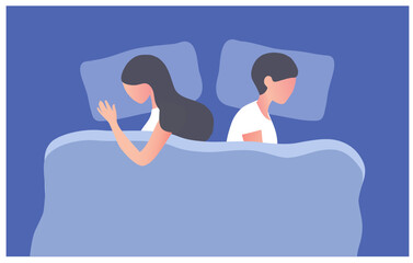 Depressed couple sleeping back to back in bed room. Depression, Intimate, quarrel, conflict, married or sexual problems in couple vector illustration 