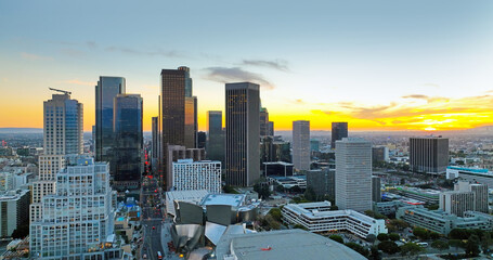 Los angeles cityscape. Urban aerial view of downtown Los Angeles. Panoramic city skyscrapers.