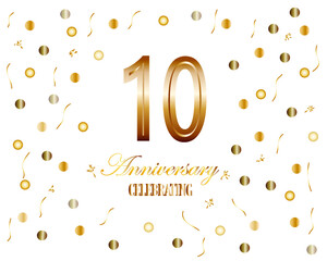 Golden numbers, 10 years anniversary celebration on white background. template for celebration.