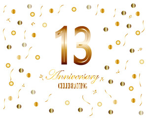 Golden numbers, 13 years anniversary celebration on white background. template for celebration.