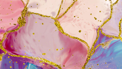 fancy abstract fluid art painting illustration with alcohol ink technique, red, purple and blue paint mix. Imitation of cut marble stone, accompanied by golden dots #3