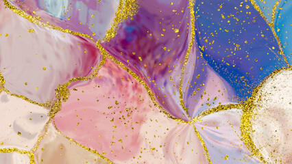 fancy abstract fluid art painting illustration with alcohol ink technique, red, purple and blue paint mix. Imitation of cut marble stone, accompanied by golden dots #2