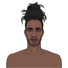 Animation portrait of beautiful African man  with dreadlock hairstyle. Color drawing. Vector illustration isolated on a white background. 
