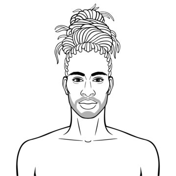 Animation portrait of beautiful African man  with dreadlock hairstyle. Monochrome drawing. Vector illustration isolated on a white background. Be used for coloring book.