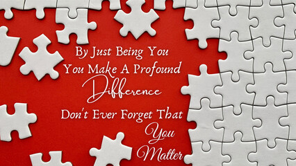 Motivational quote text on missing jigsaw puzzle with red background. Conceptual