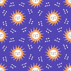 Fototapeta premium Hand drawn spring seamless pattern with sun and wreath of willow branches. Perfect for T-shirt, textile and print. Doodle illustration for decor and design.