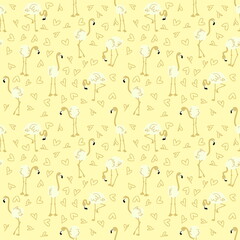 Romantic valentine seamless pattern with flamingo and hearts. Perfect for T-shirt, textile and print. Hand drawn illustration for decor and design.