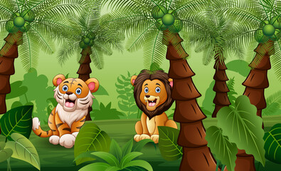 Scary a lion and tiger in the palm jungle illustration