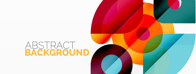 Fototapeta premium Colorful round shapes, circles and triangles background. Minimal geometric template for wallpaper, banner, presentation