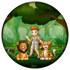 Forest scene with safari boy and animals in circular frame
