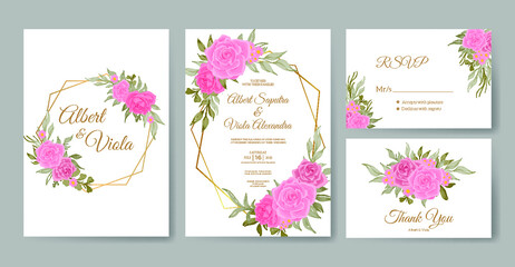 beautiful pink rose flower warecolor wedding invitation template