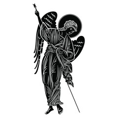 Winged medieval angel with spear. Russian Orthodox Christian design. Isolated vector illustration. Black and white negative silhouette. - obrazy, fototapety, plakaty