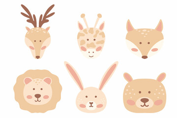 Children's set of drawn animals. Baby boho style. Cute animals : Deer, giraffe, fox, bear, lion, hare. Vector illustration.