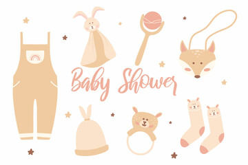 A collection of essentials for newborns in a boho style. Baby products for the first year of life. Baby shower.