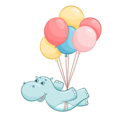 Hand drawn cartoon cute hippo flying on balloons vector illustration. Hippopotamus isolated on white background. Cute baby character