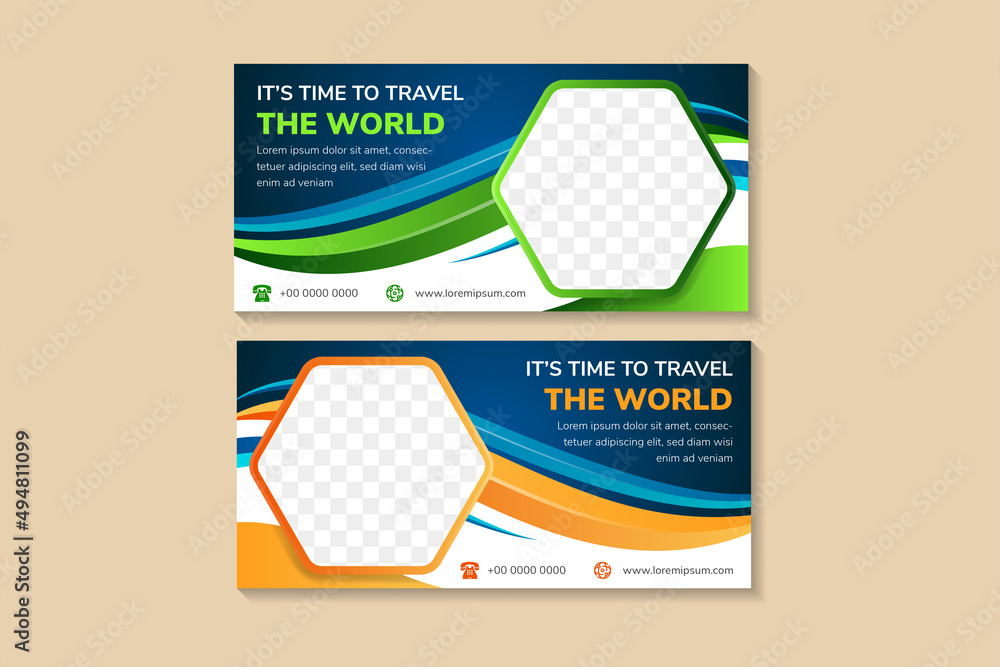Poster wave banner design for travel the world company. space for text and photo in hexagon. two abstract b