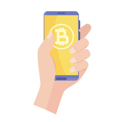 hand with bitcoins in smartphone